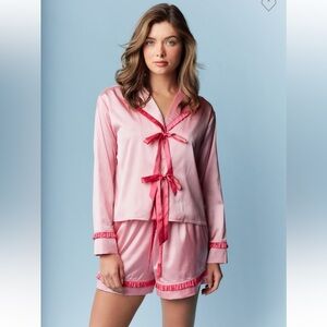 431. Ruffle Bow Tie Silky Short Pajama Set Pink